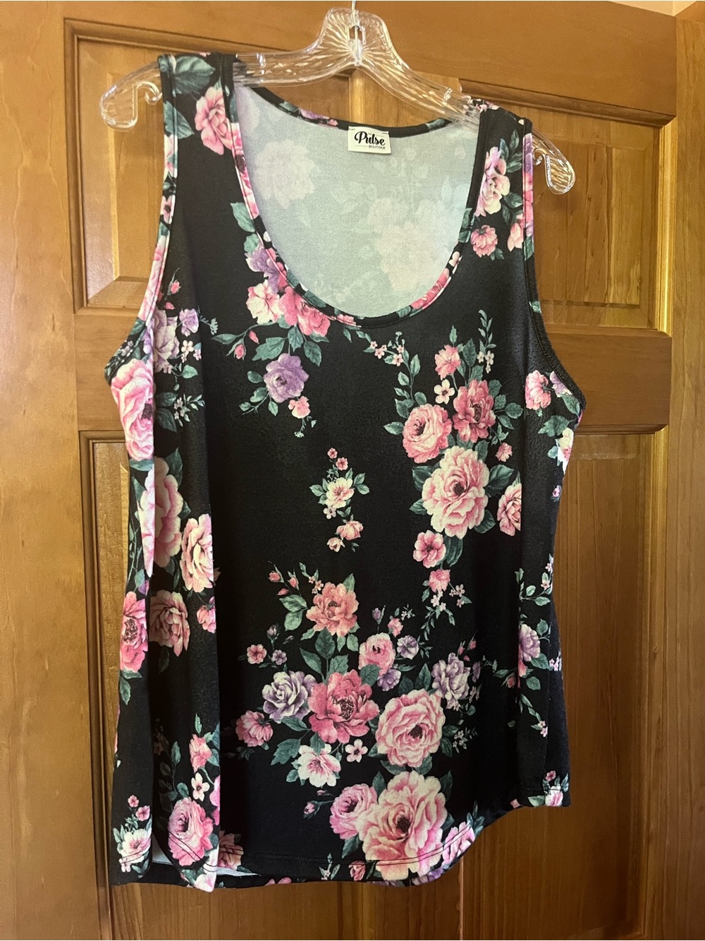 Floral Scoop Neck Tank Top - Black with Pink Roses